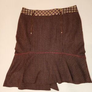 Blumarine Italian Brown Patterned Skirt with Geometric Waistband Size M